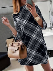  Plaid Print Half Sleeve Mock Neck Mini Dress