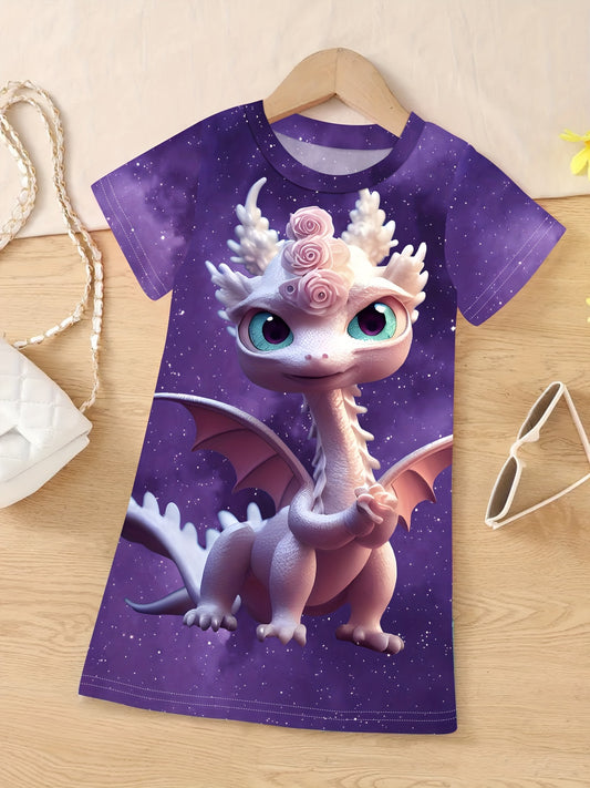 Cute 3D Dino Graphic Crew Neck Dress for Girls