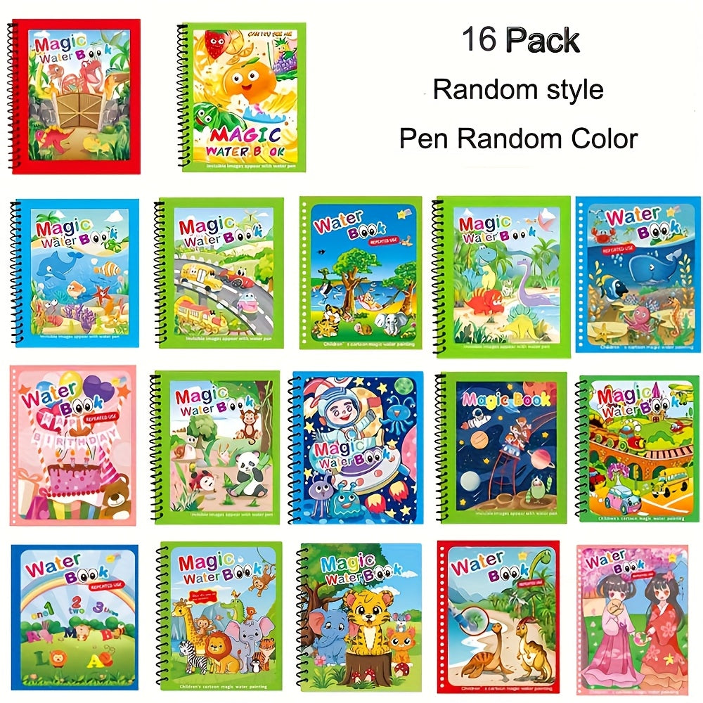 16pcs Magic Water Coloring Books with Water Pens - Educational Doodle Sketchbook