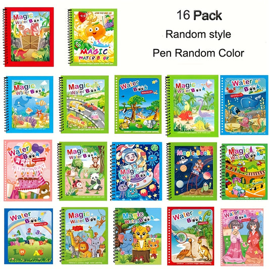 16pcs Magic Water Coloring Books with Water Pens - Educational Doodle Sketchbook