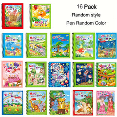 16pcs Magic Water Coloring Books with Water Pens - Educational Doodle Sketchbook