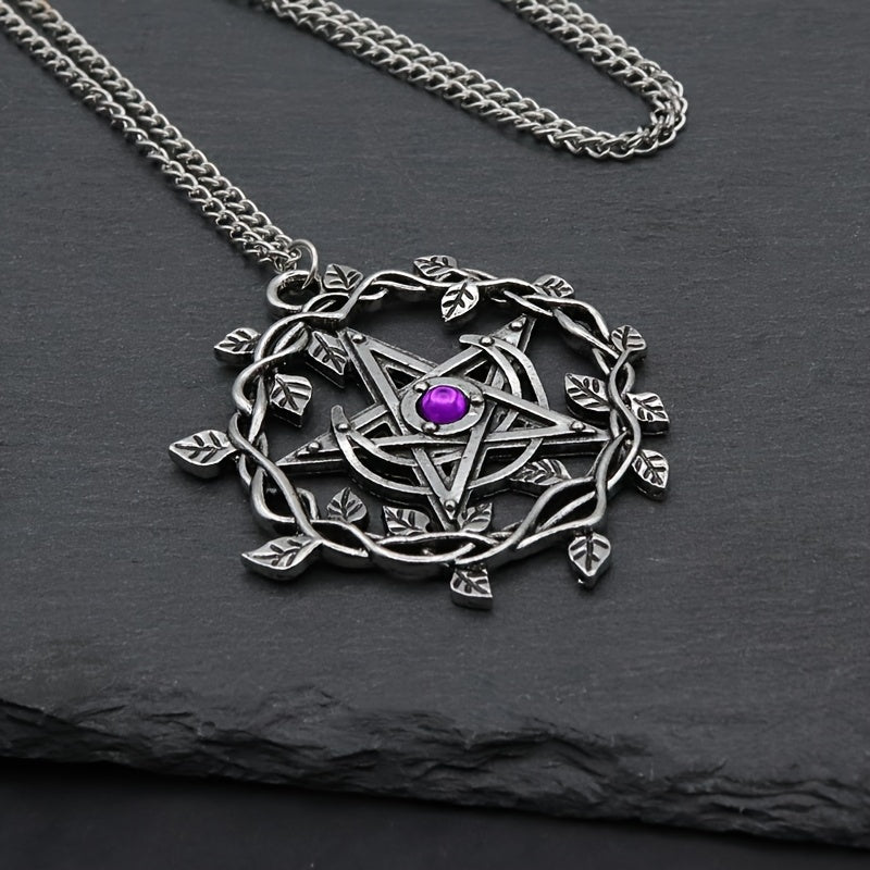 Vintage Pentagram Leaf Purple Gemstone Pendant Necklace