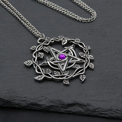 Vintage Pentagram Leaf Purple Gemstone Pendant Necklace