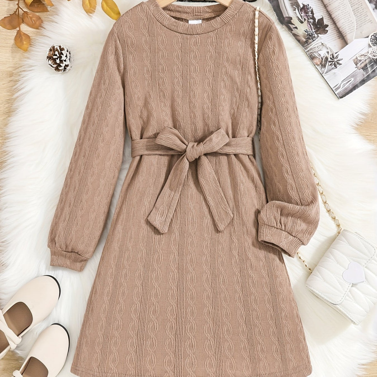 Girls' Vintage Jacquard Print Stretch Comfy Long Sleeve Dress