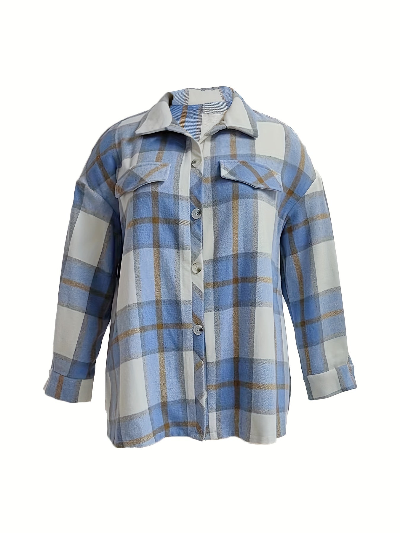  Plaid Print Button Up Long Sleeve Turn Down Collar Shacket