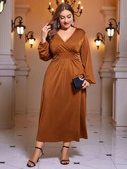 Solid Lantern Sleeve Surplice Neck Maxi Dress