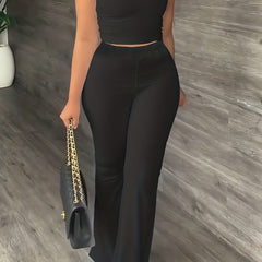  Solid Crew Neck Cami Top & Flared Leg Pants Outfits Set