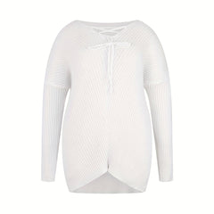  Women's Ribbed Pullover Sweater with Lace Up Drawstring