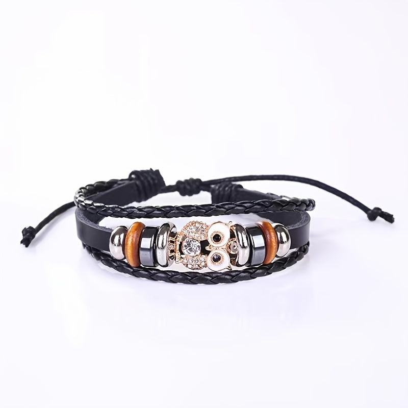Vintage Owl PU Leather Bracelet with Zircon