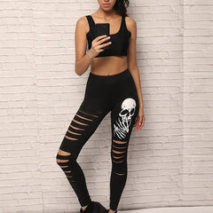 Skull Print Slim Leggings High Waist Hole Elastic Tight Casual Leggings