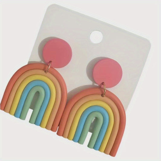 Colorful Ceramic Polymer Clay Loop Stud Earrings Sweet Lovely Candy Rainbow