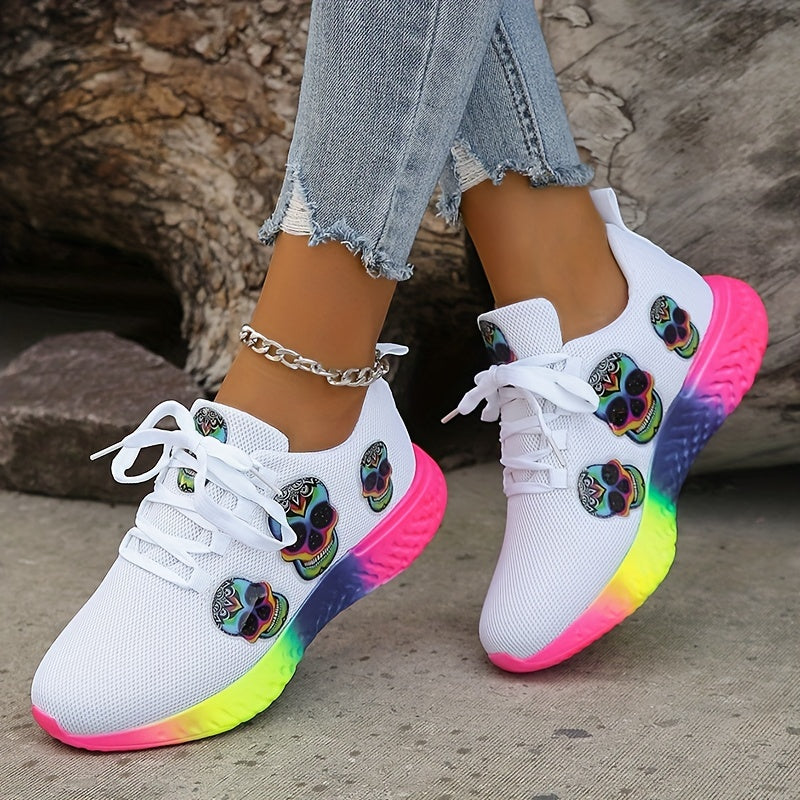 Colorful Skull Pattern Sneakers Lace Up Knit Mesh Shoes Lightweight Breathable