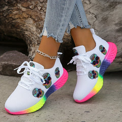 Colorful Skull Pattern Sneakers Lace Up Knit Mesh Shoes Lightweight Breathable