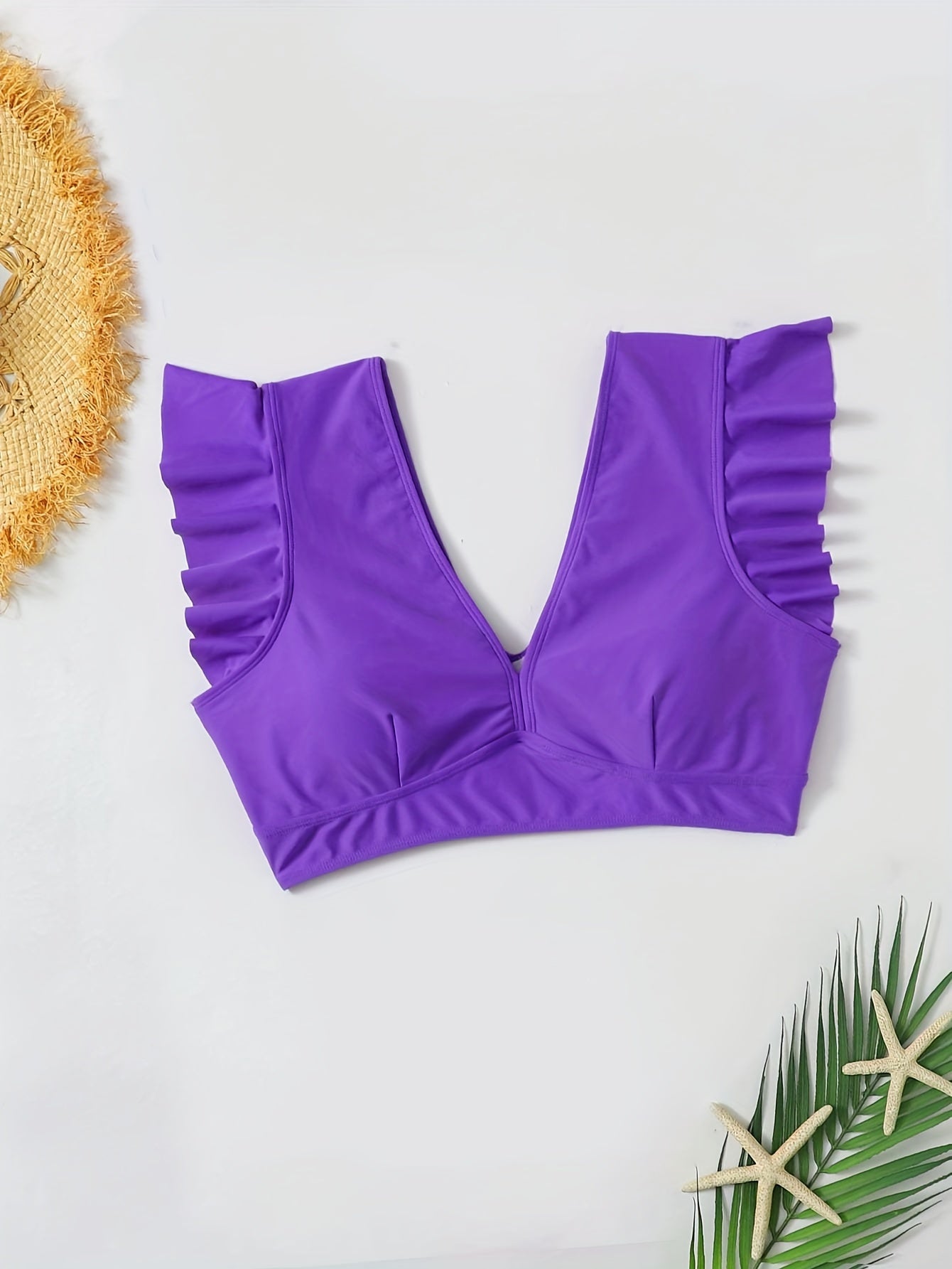  Bikini Top Solid V Neck Ruffle Trim Padded Swimwear