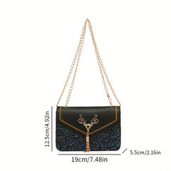 Colorblock Sequin Flap Bag with Charm and Tassel Detail