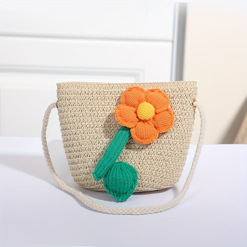 Kids Flower Decor Coin Purse Straw Woven Crossbody Bag