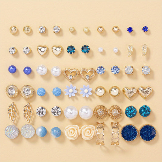 30 Pairs Zircon Faux Pearl Stud Earrings Set For Women Girls