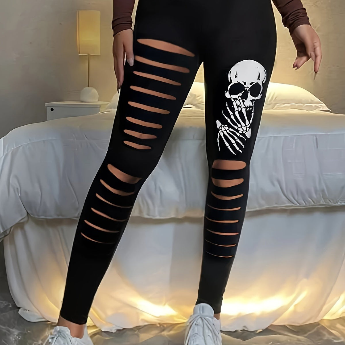  Halloween Leggings Women's Plus Funny Skull Print Ripped Elastic