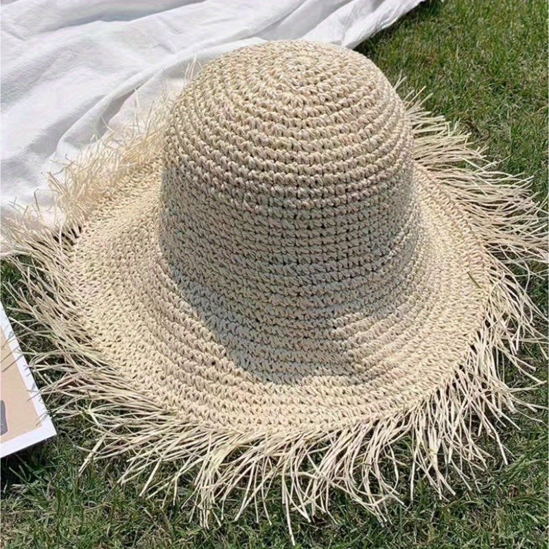 Vintage Raw Brim Sun Hat Solid Crochet Tassel Straw Hat Boho Outdoor Sun Shade