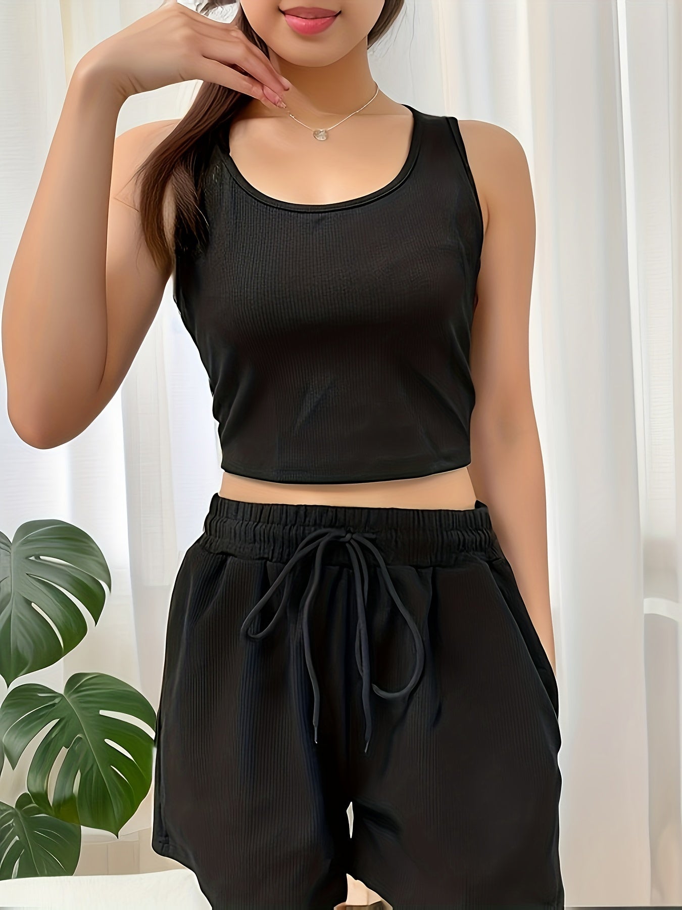Solid Workout Set Sleeveless Tank Top & Shorts Outfits Women's Clothing