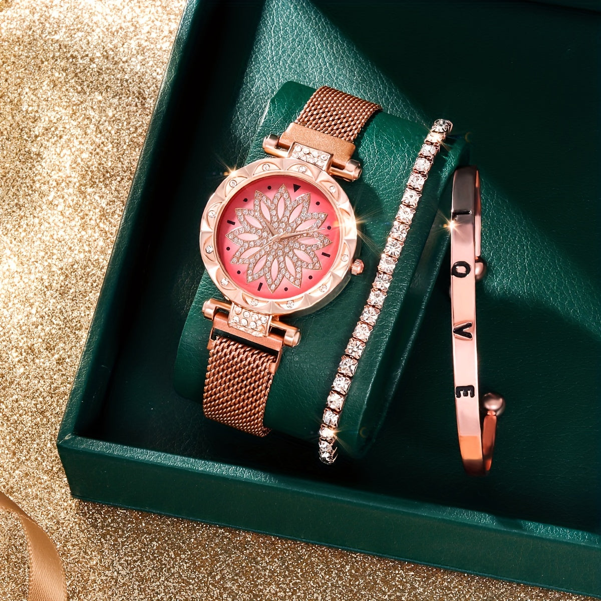 Digital Rhinestone Watch & 2 Bracelets Set