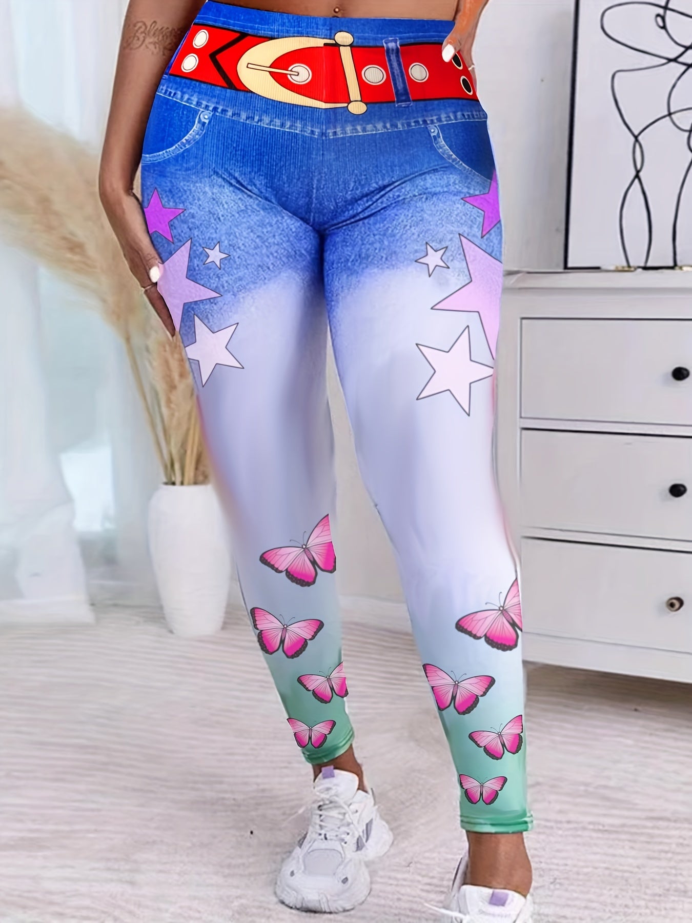  Casual Leggings Women's Plus Denim & Print Stretchy Skinny Leggings