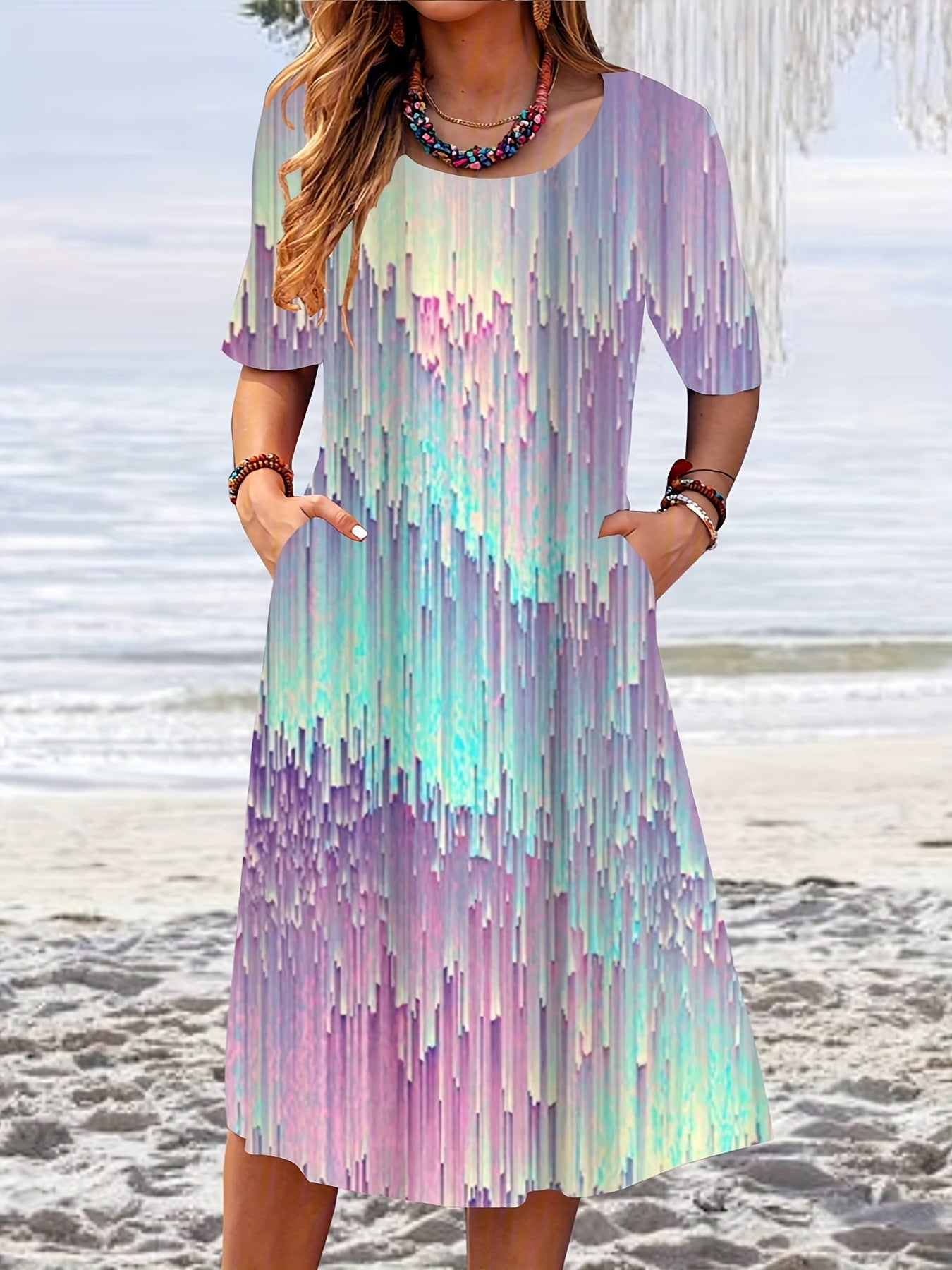 Plus Size Casual Dress Women's Plus Print Short Sleeve Round Neck Midi Dress