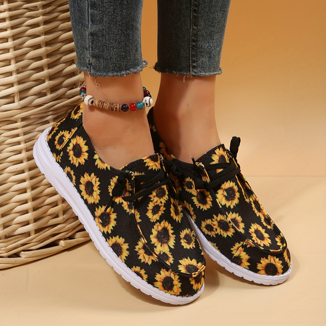 Women's Sunflower Print Canvas Slip-On Loafers Shoes