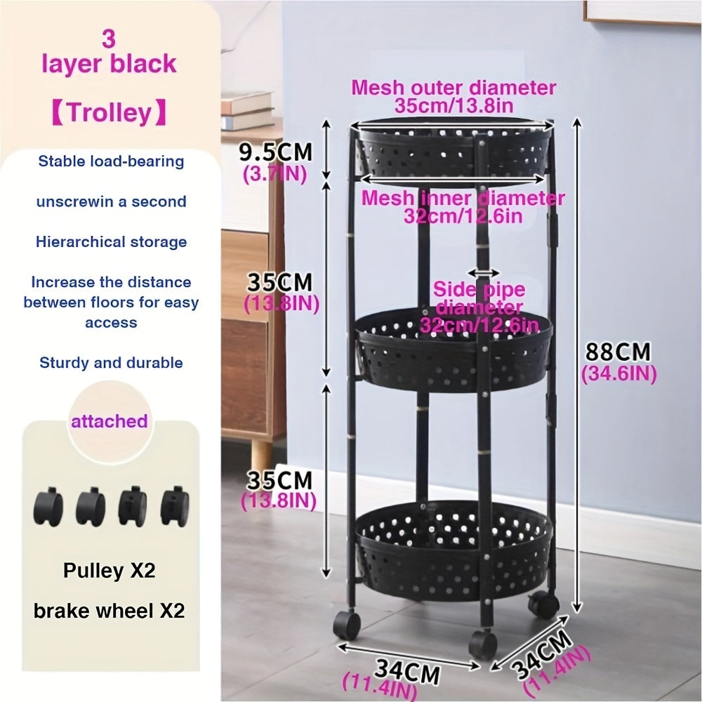 3 Layer Collapsible Kitchen Rotating Trolley Storage Rack