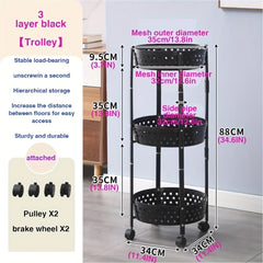 3 Layer Collapsible Kitchen Rotating Trolley Storage Rack