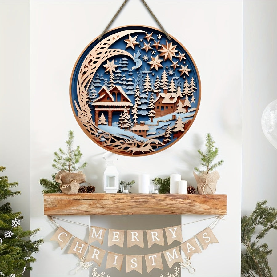 Xmas Door Hanging Starry Sky Village Night Scene Signboard Decoration
