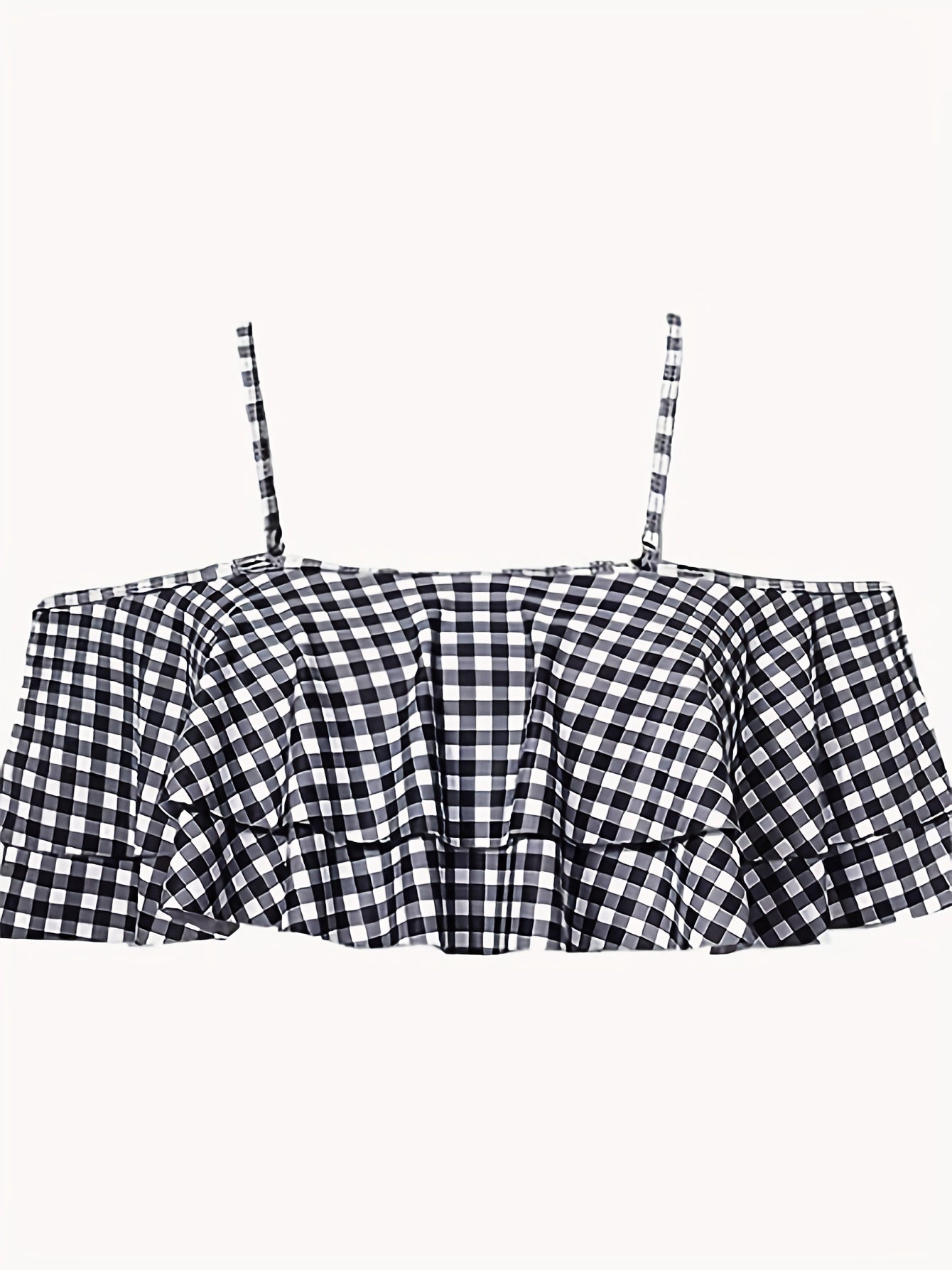 Plus Gingham Print Ruffle Trim Layered Cold Shoulder Bikini Top