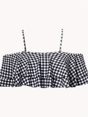 Plus Gingham Print Ruffle Trim Layered Cold Shoulder Bikini Top