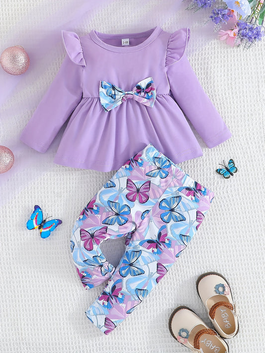 Baby Girls Bow Romper Butterfly Print Pants 2pcs Set