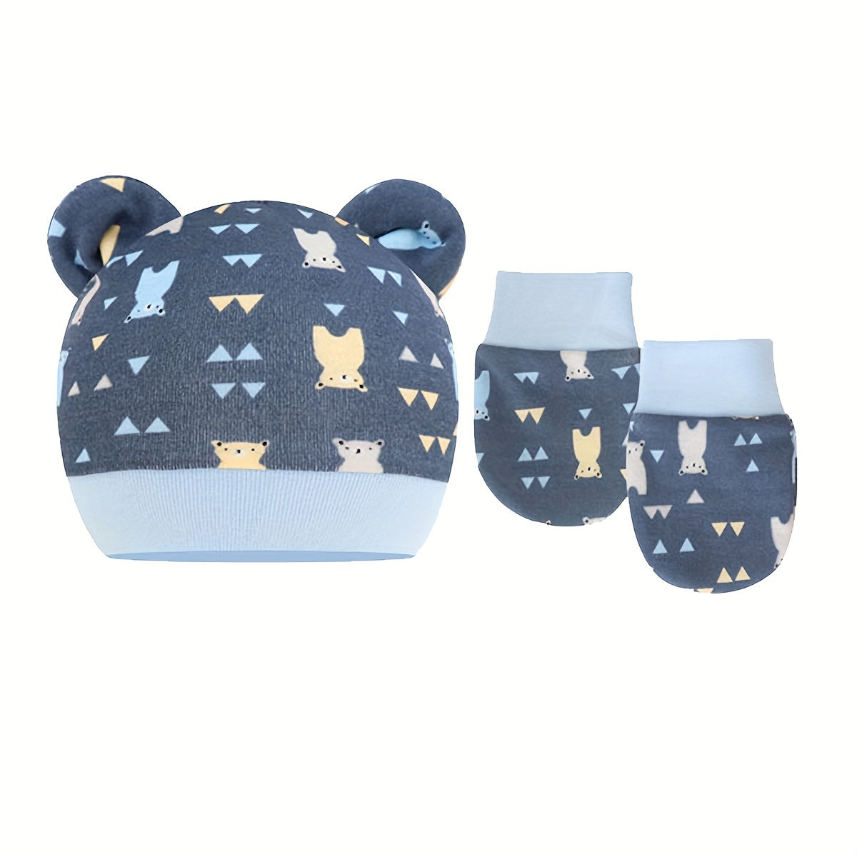 Baby Boys Casual Cartoon Pattern Cap With Bear Ear Decor & Mittens Set