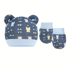 Baby Boys Casual Cartoon Pattern Cap With Bear Ear Decor & Mittens Set