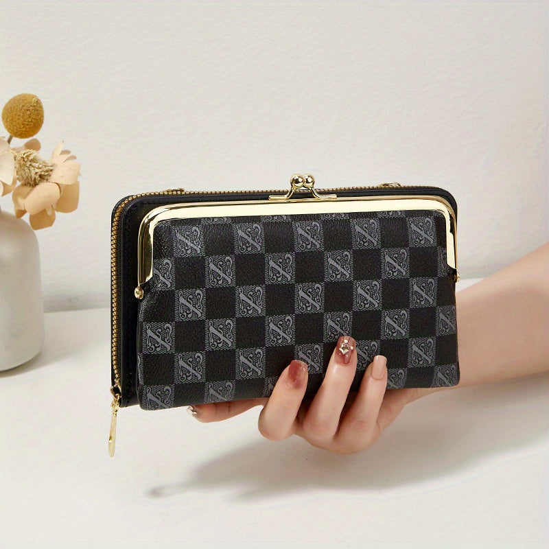 Vintage Plaid Shoulder Bag Kiss Lock Purse Detachable Strap