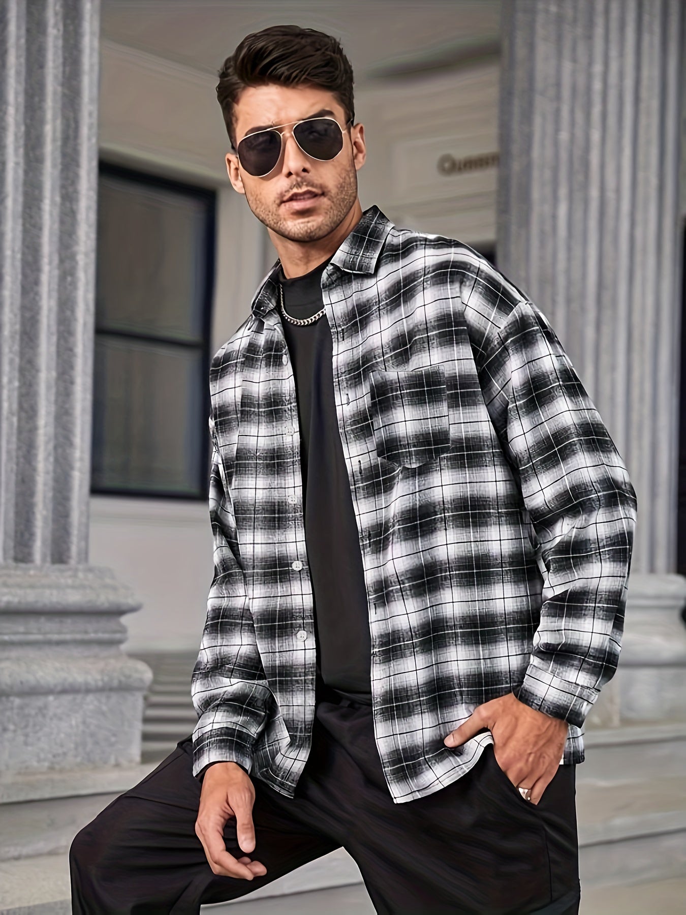 Men's Plaid Print Long Sleeve Shirt With Pocket