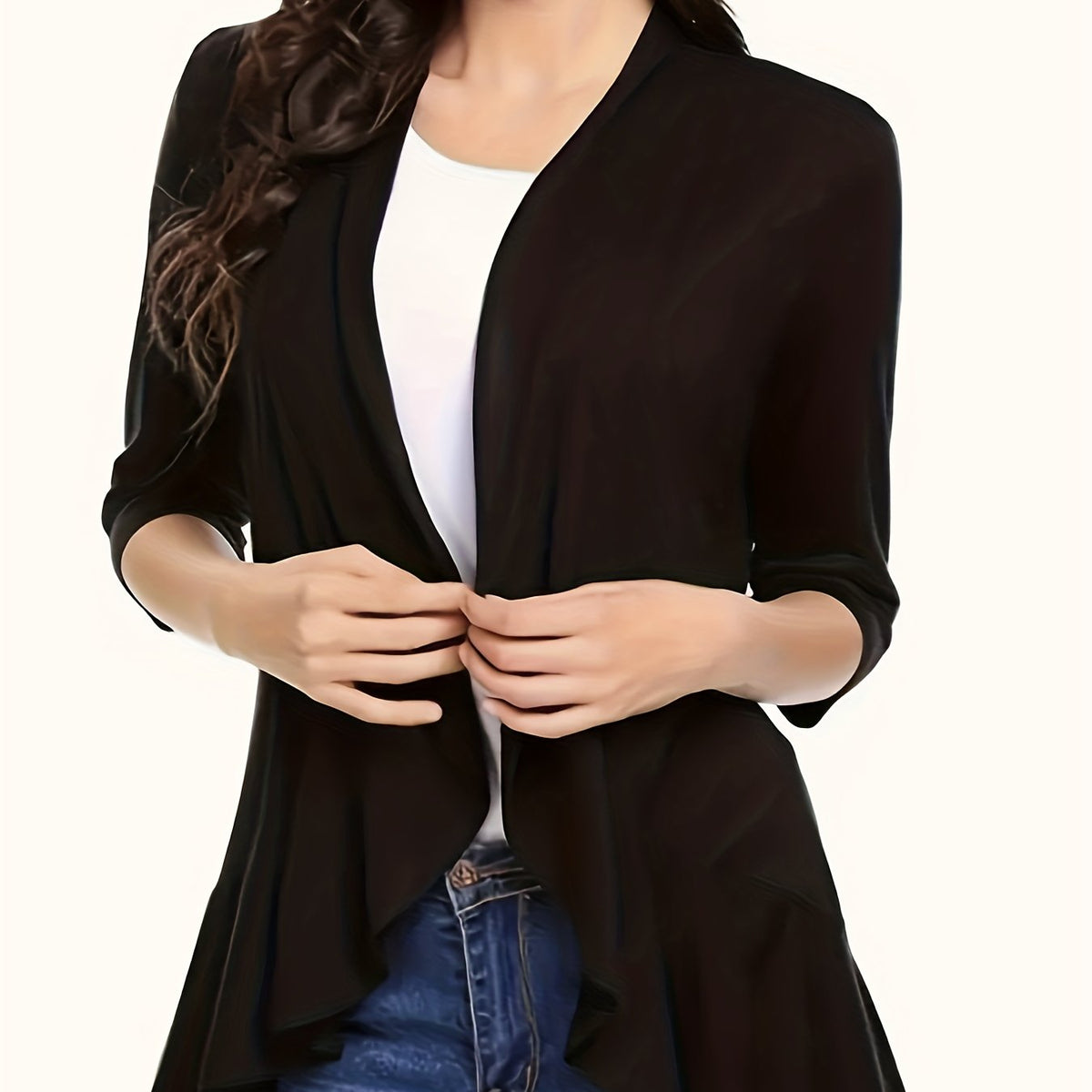  Solid Ruffle Trim Open Front Cardigan