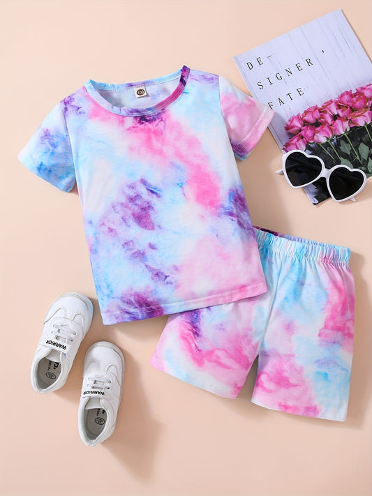 Girls Tie Dye T Shirt & Shorts Set, Short Sleeve Tee Top, Kids Summer Clothes