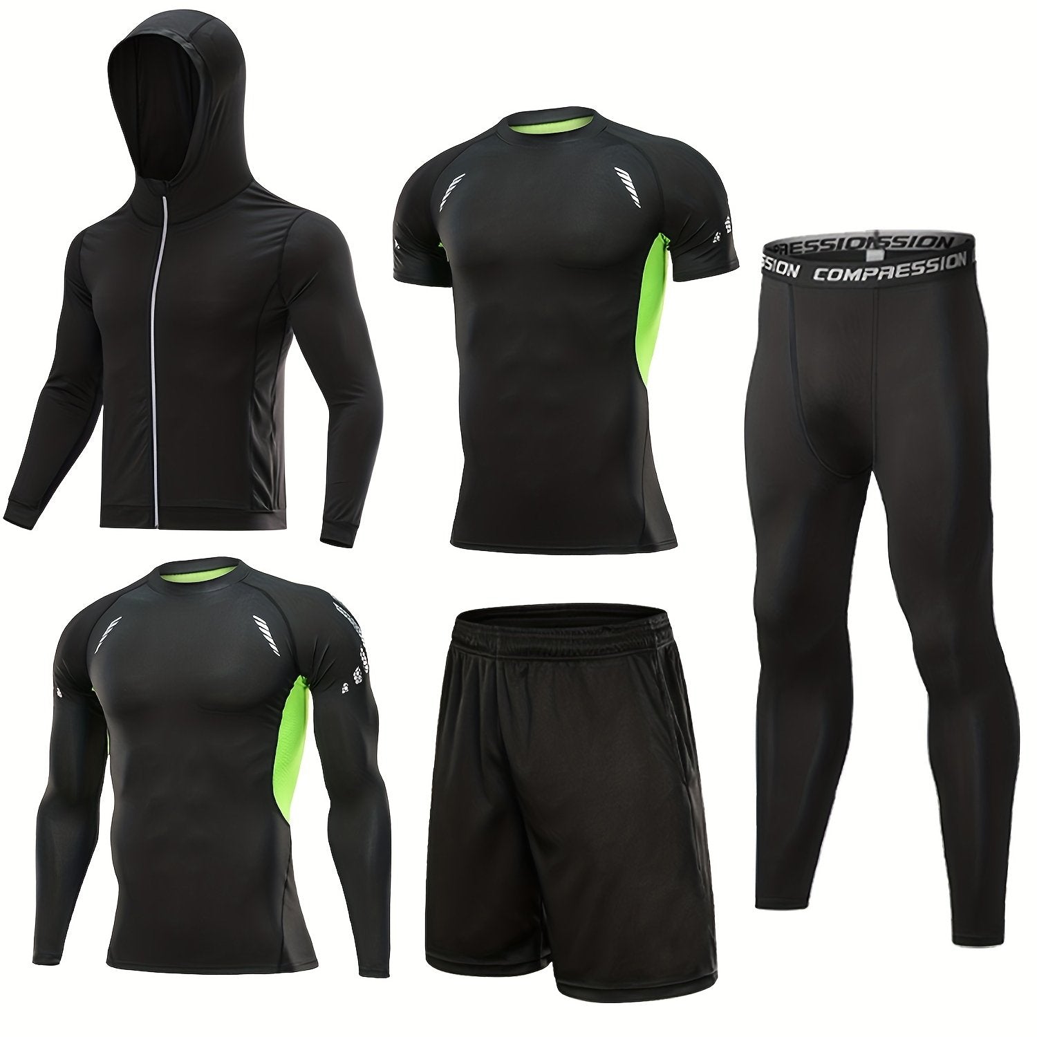 5 Pc Men's Quick Dry Gym Outfit: Jacket, Hoodie, T-shirt, Shorts, Leggings