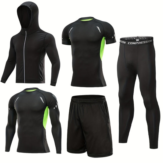 5 Pc Men's Quick Dry Gym Outfit: Jacket, Hoodie, T-shirt, Shorts, Leggings