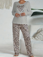 Leopard Pajama Set Long Sleeve Heart Print Top & Pants