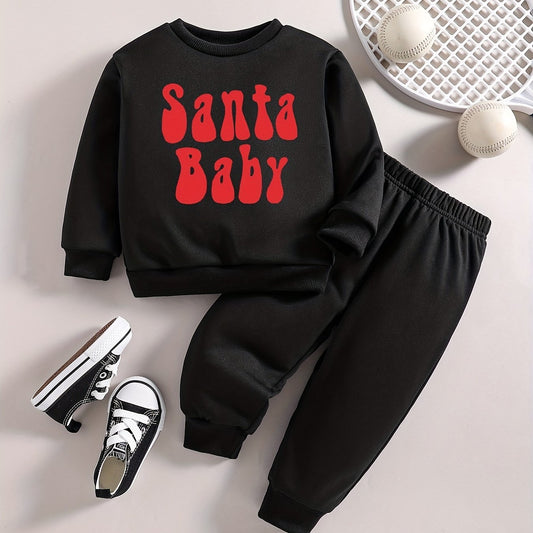 Baby Boy Casual SANTA BABY Print Christmas Outfit Long Sleeve Top Jogger Set