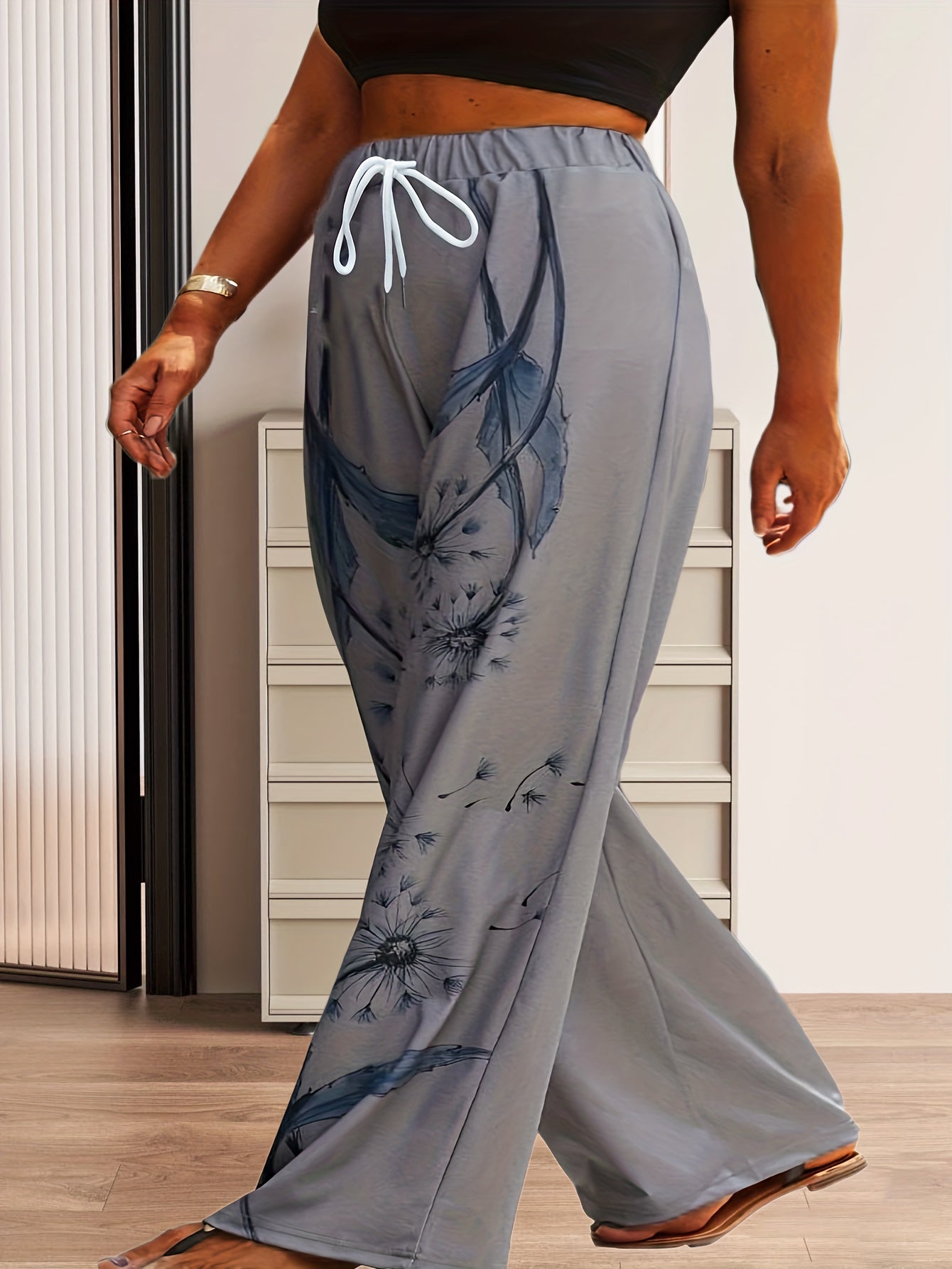 Plus Size Casual Pants Women's Plus Dandelion Print Sporty Trousers