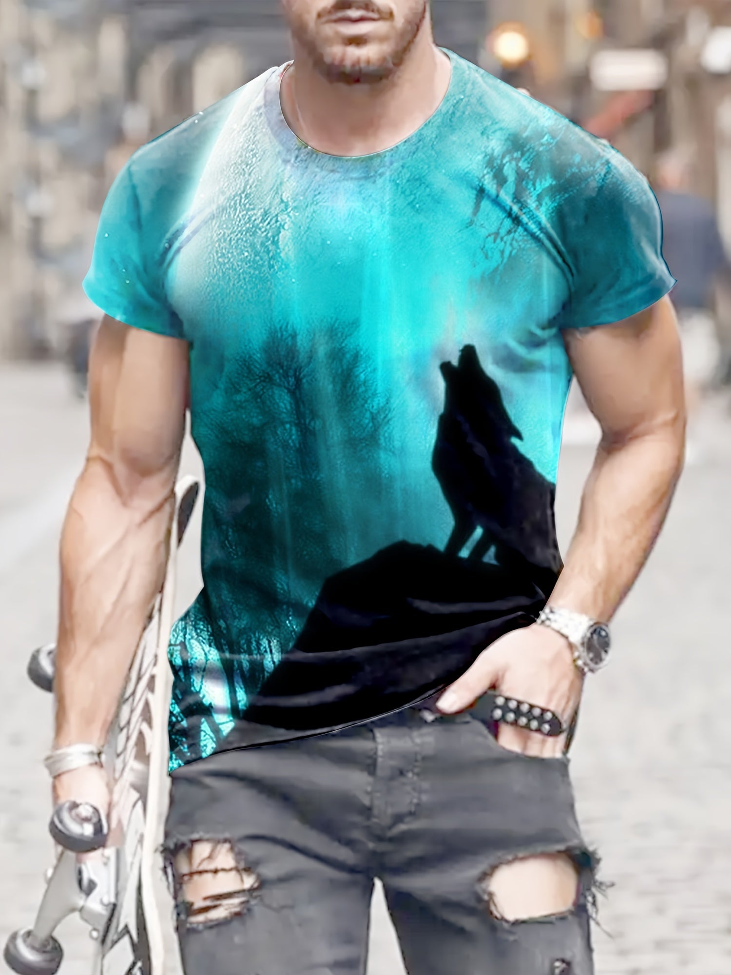 Wolf 3d Pattern Print Men's Short Sleeve Comfy T shirt Graphic Tee