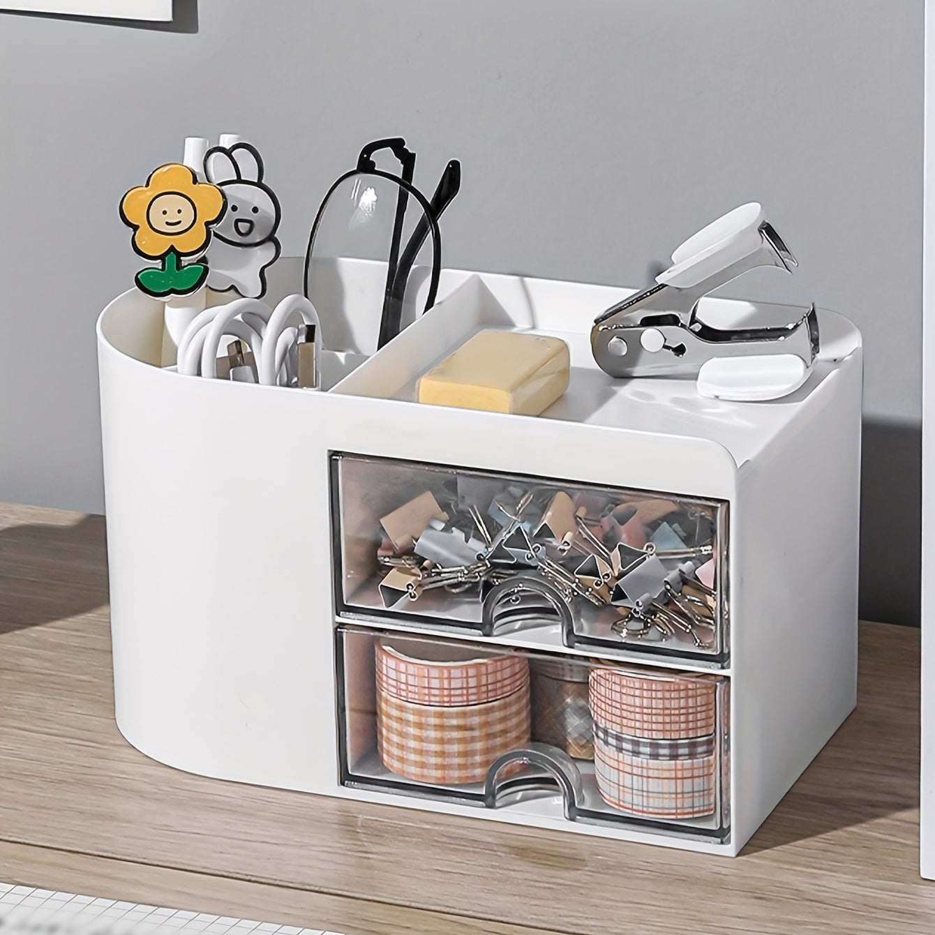 Desktop Pen Holder Storage Box with Small Drawer