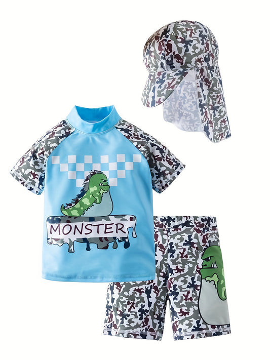 Baby Boys Cartoon Monster Swimsuit Set 3Pcs Swimming Clothing