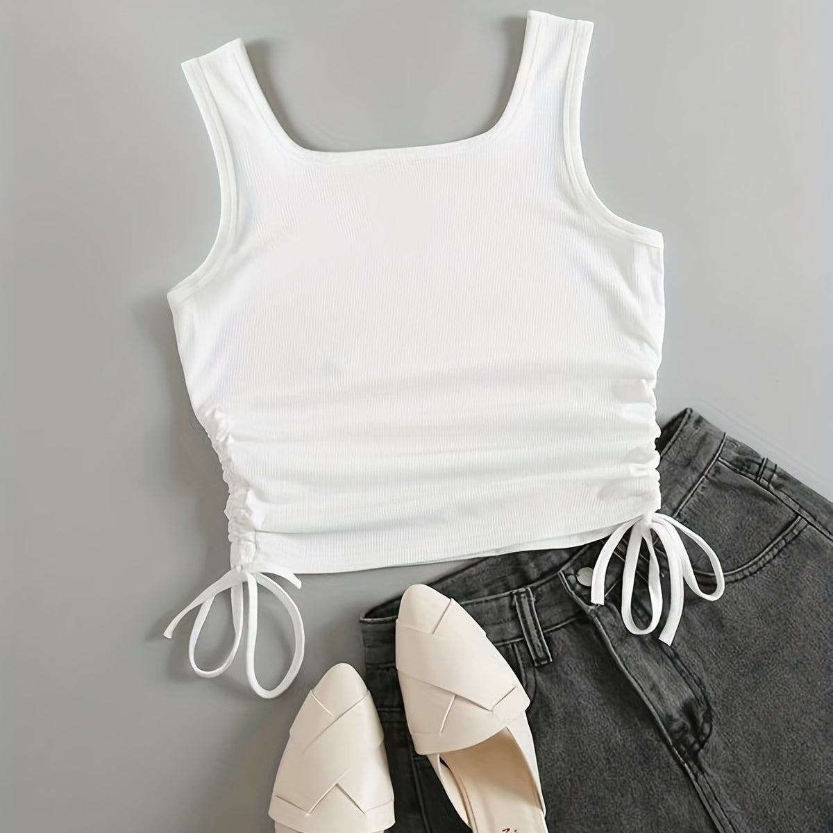 Solid Drawstring Tank Top Women's Clothing