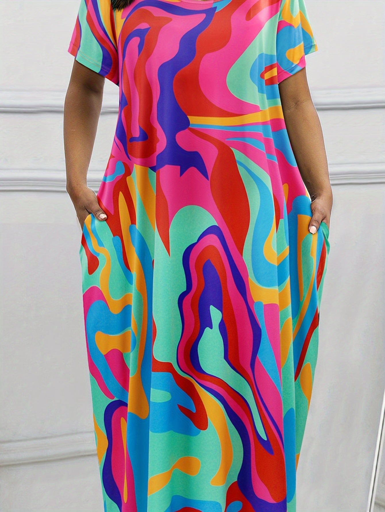  Boho Maxi Dress Short Sleeve Round Neck With Pockets